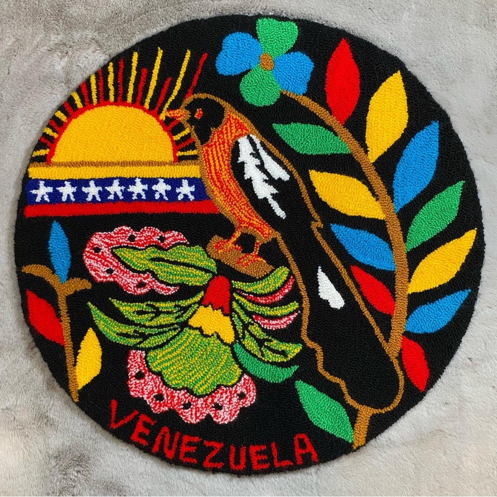 Signed Venezuela Hand Hooked Bird Rug Colourful Fibre Art Wall Hanging Circle